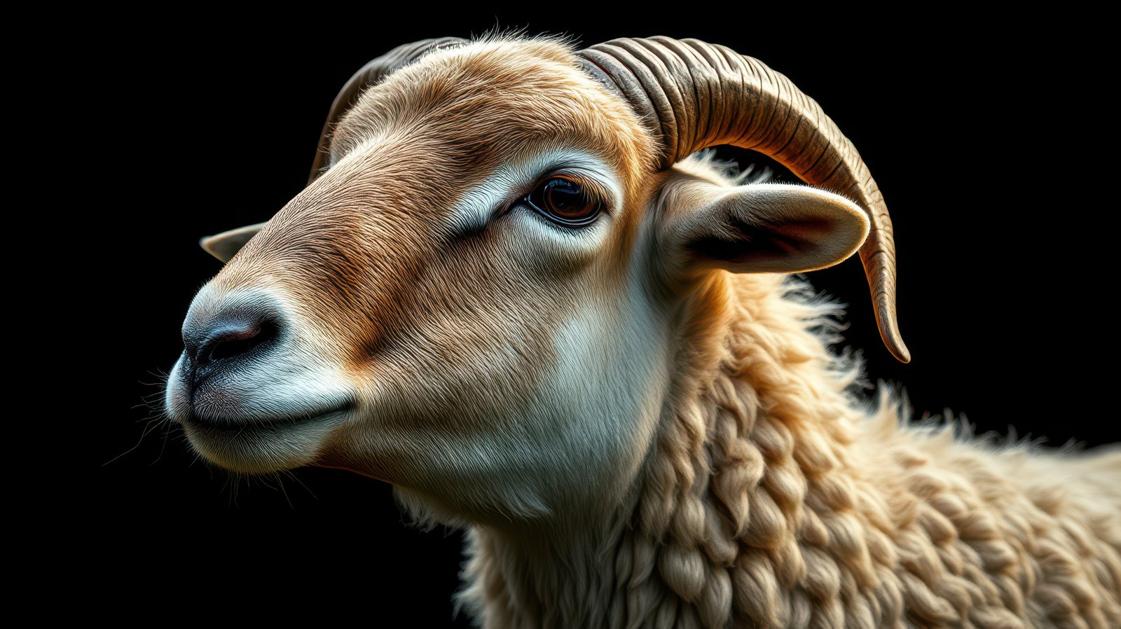 Close-up view of a sheep with curly wool and prominent horns against a dark background in an artistic setting